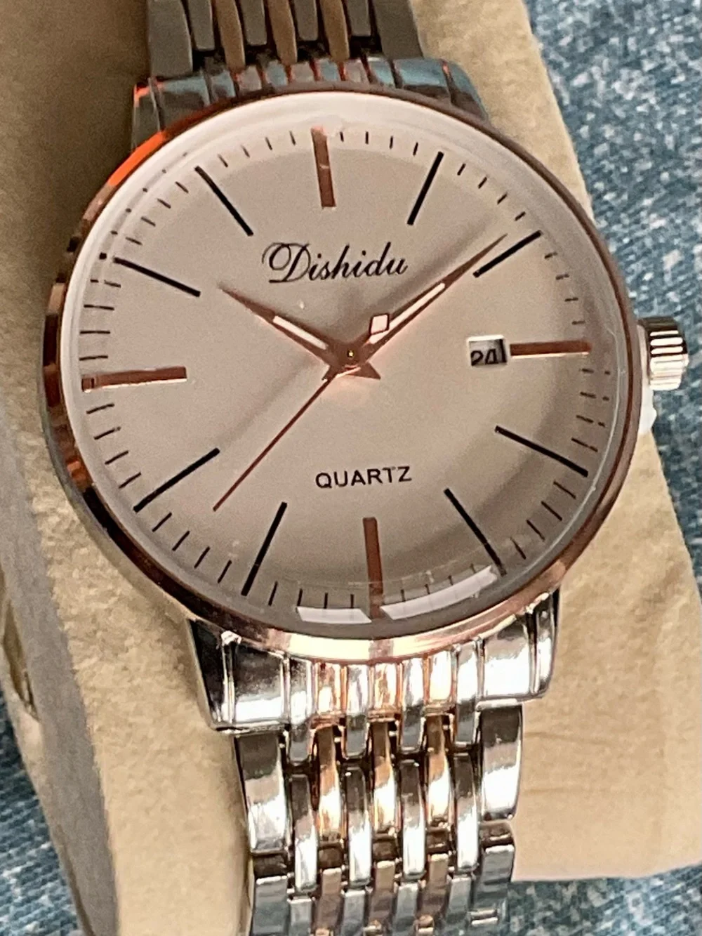 NIB Classic Dishidu Gold And S/S Dress Watch Two Tone Mesh Bracelet w Tool